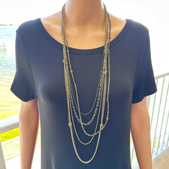 Multi Strand Necklace Gold Tone Beaded 31 Inch Length Boho Style - Picture 2 of 3